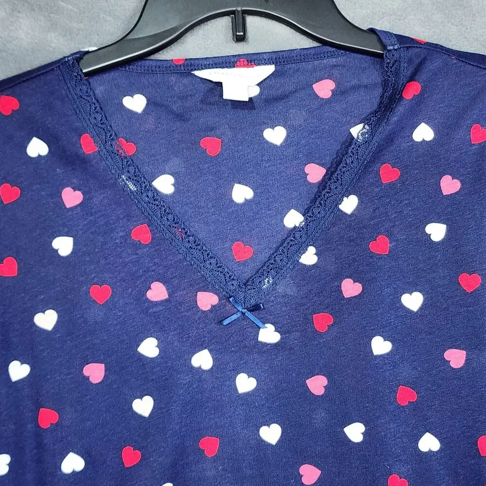 Charter‎ Club Cotton Pajamas Set XS Long Sleeve Lace Trim Navy Blue Multi Hearts - Picture 3 of 8
